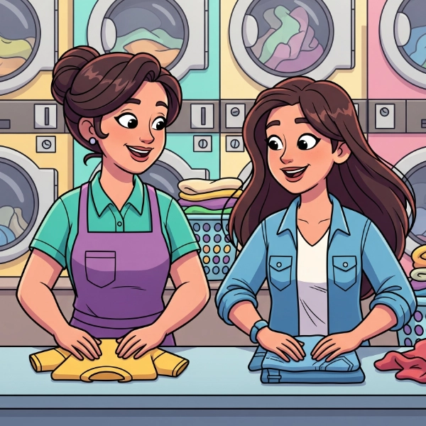 Mother And Daughter Folding Clothes At Table In Laundromat 600X600