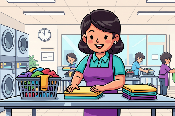 Woman Doing Laundry Teal Polo Purple Apron 600X400